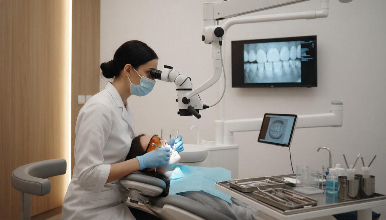 Стоматолог лечит зубы под микроскопом